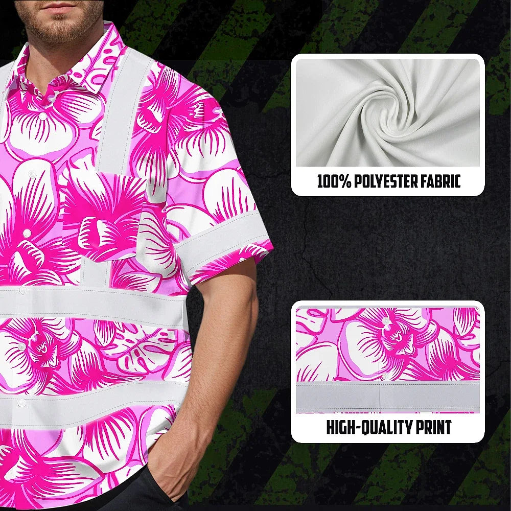 Hi Vis Hawaiian Shirt Reflective Tapes Pink Neon White Orchid Custom Name Safety Workwear For Workers, Truckers, Operators