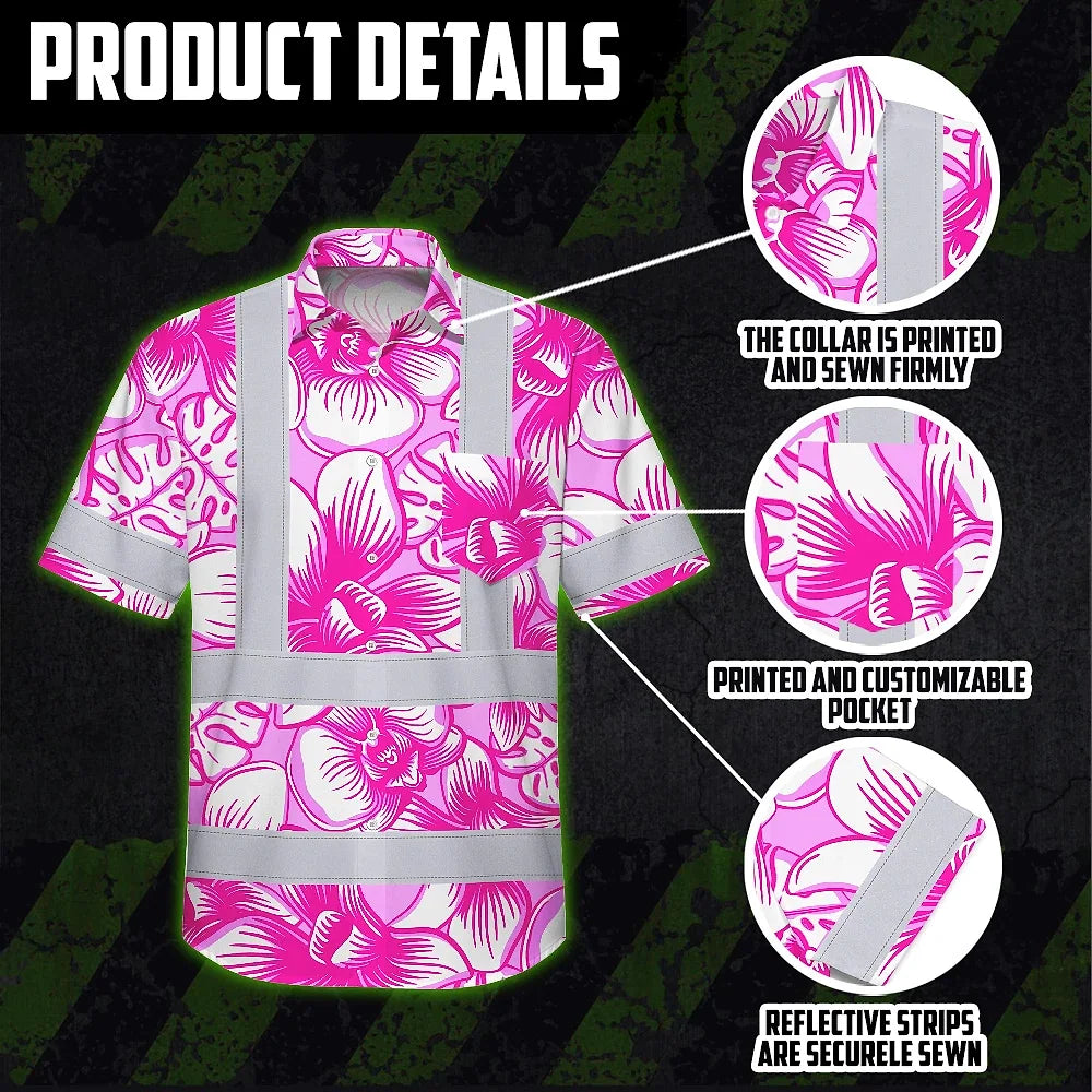 Hi Vis Hawaiian Shirt Reflective Tapes Pink Neon White Orchid Custom Name Safety Workwear For Workers, Truckers, Operators