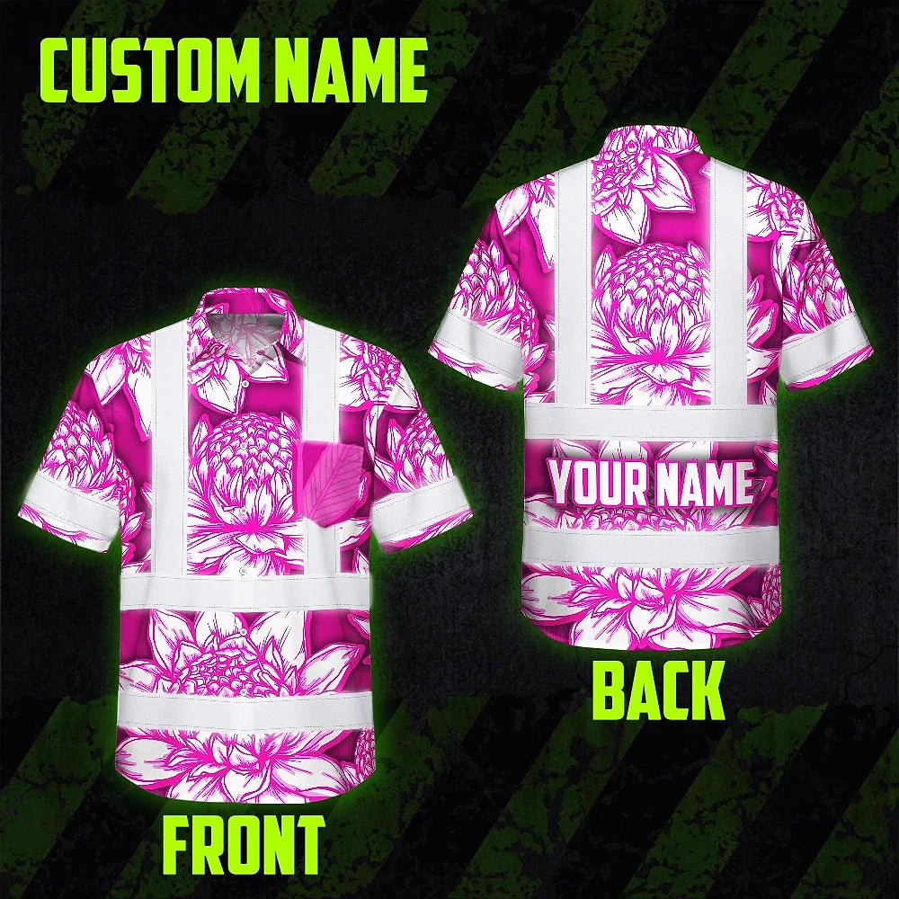 Hi Vis Hawaiian Shirt Reflective Tapes Pink Neon White Protea Custom Name Safety Workwear For Workers, Truckers, Operators