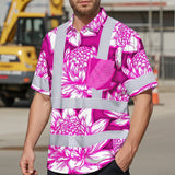 Hi Vis Hawaiian Shirt Reflective Tapes Pink Neon White Protea Custom Name Safety Workwear For Workers, Truckers, Operators