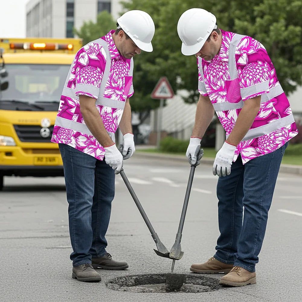Hi Vis Hawaiian Shirt Reflective Tapes Pink Neon White Protea Custom Name Safety Workwear For Workers, Truckers, Operators