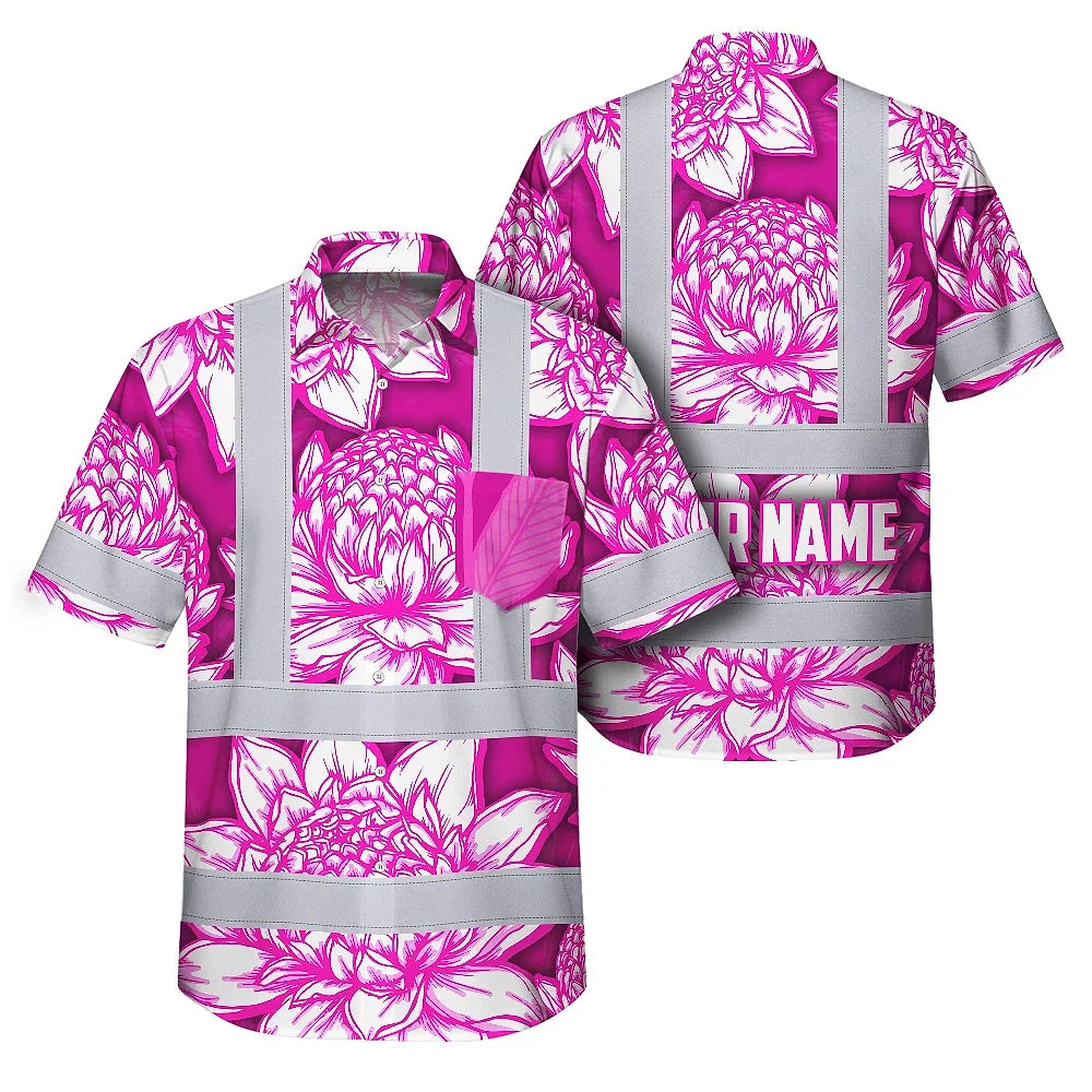 Hi Vis Hawaiian Shirt Reflective Tapes Pink Neon White Protea Custom Name Safety Workwear For Workers, Truckers, Operators