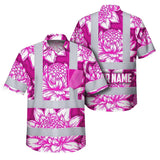 Hi Vis Hawaiian Shirt Reflective Tapes Pink Neon White Protea Custom Name Safety Workwear For Workers, Truckers, Operators