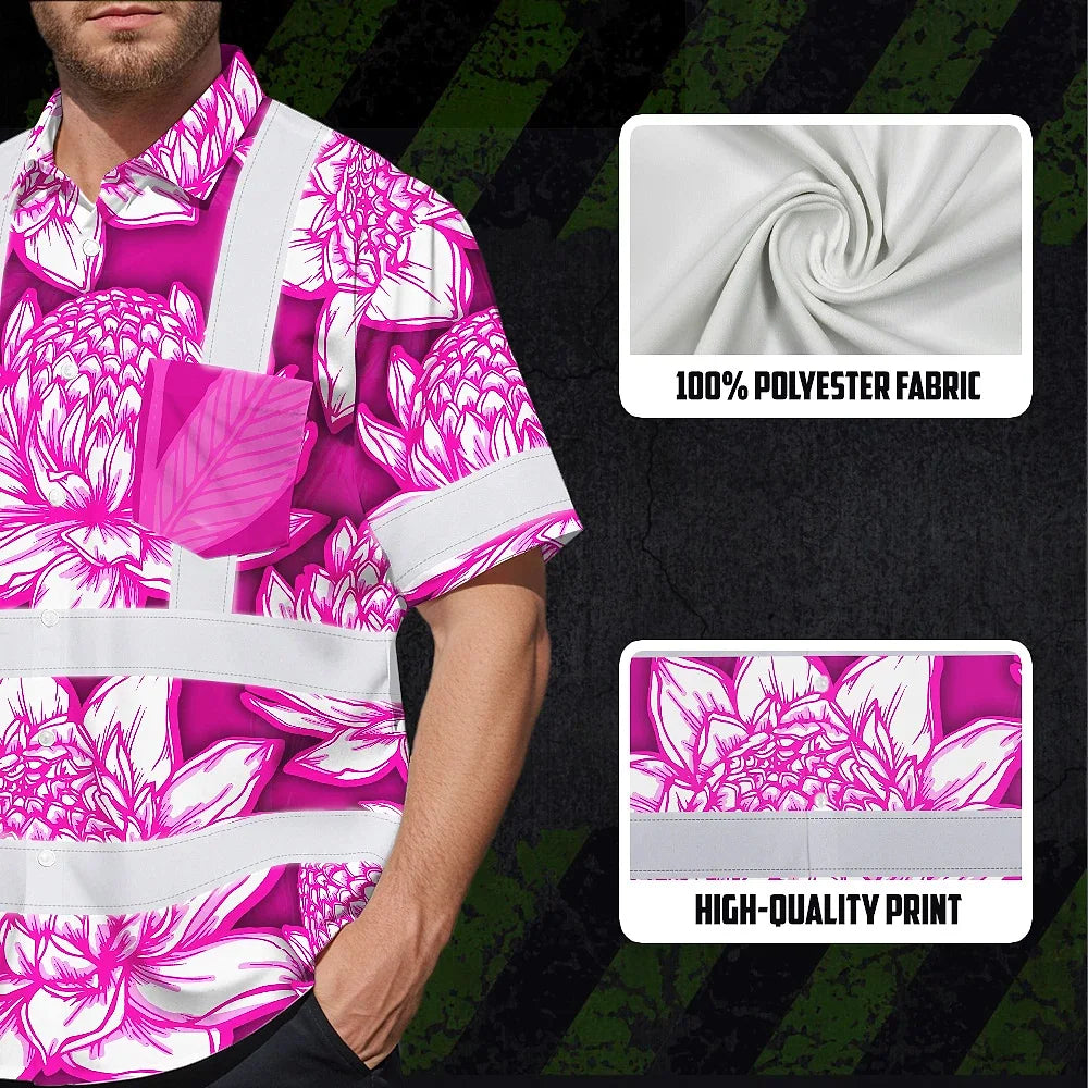 Hi Vis Hawaiian Shirt Reflective Tapes Pink Neon White Protea Custom Name Safety Workwear For Workers, Truckers, Operators