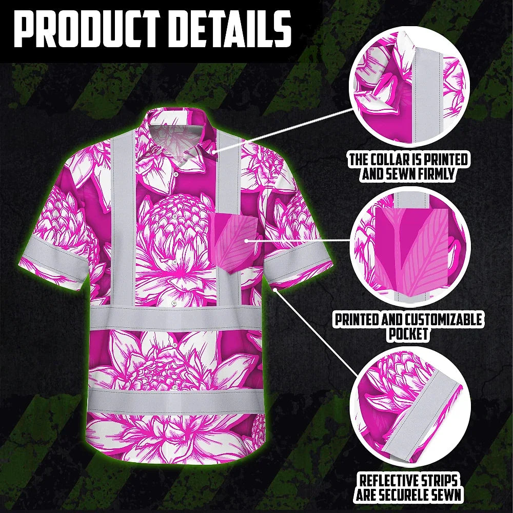 Hi Vis Hawaiian Shirt Reflective Tapes Pink Neon White Protea Custom Name Safety Workwear For Workers, Truckers, Operators