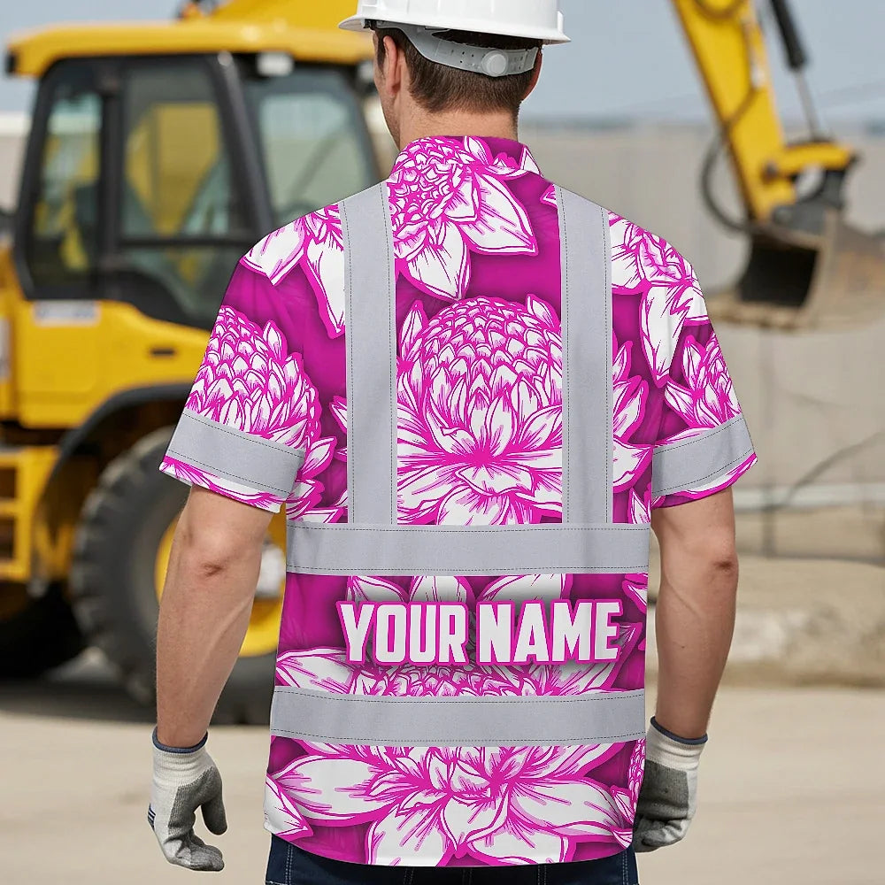 Hi Vis Hawaiian Shirt Reflective Tapes Pink Neon White Protea Custom Name Safety Workwear For Workers, Truckers, Operators
