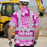 Hi Vis Hawaiian Shirt Reflective Tapes Pink Neon White Protea Custom Name Safety Workwear For Workers, Truckers, Operators