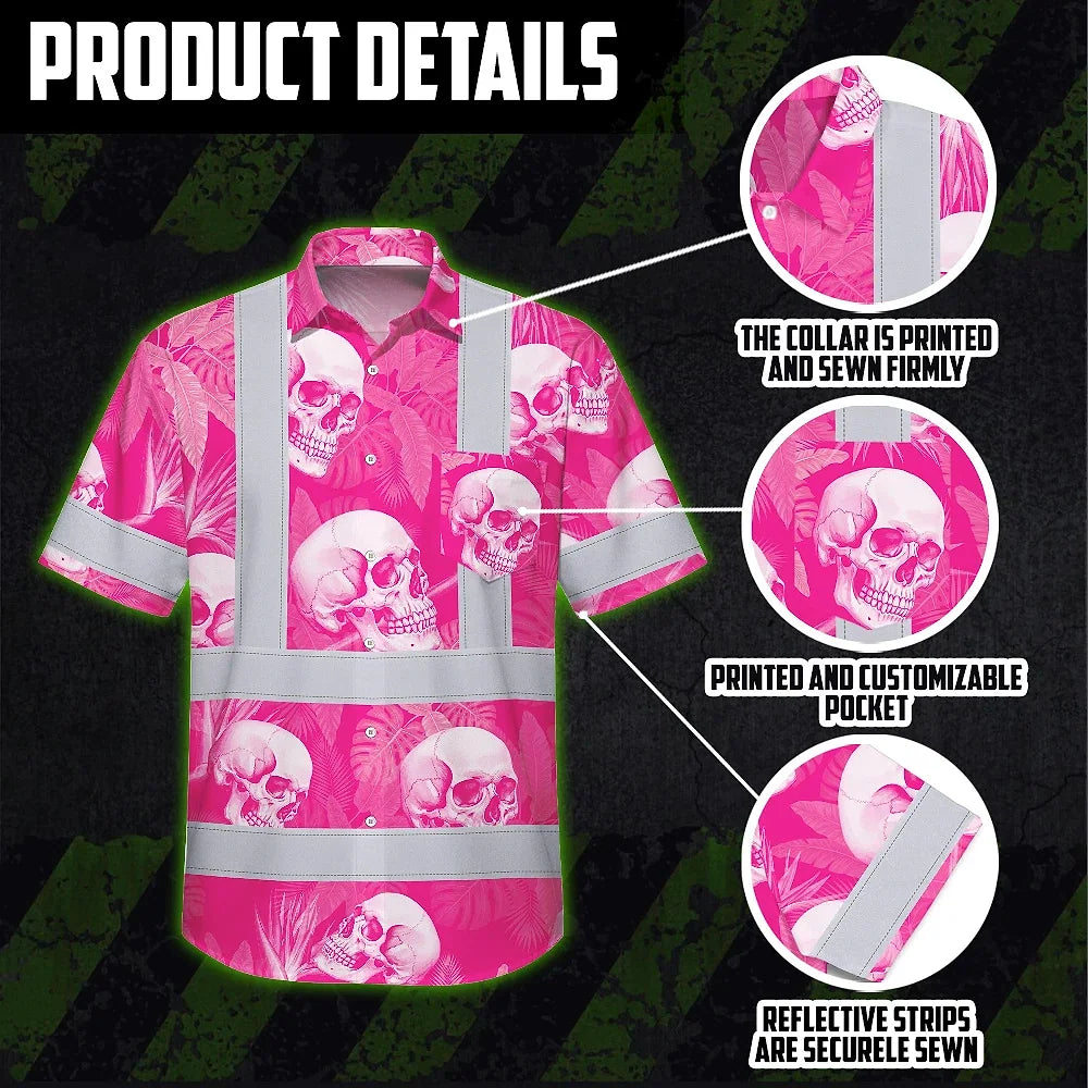 Hi Vis Hawaiian Shirt Reflective Tapes Pink Neon White Skull Custom Name Safety Workwear For Workers, Truckers, Operators