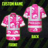 Hi Vis Hawaiian Shirt Reflective Tapes Pink Neon White Skull Custom Name Safety Workwear For Workers, Truckers, Operators