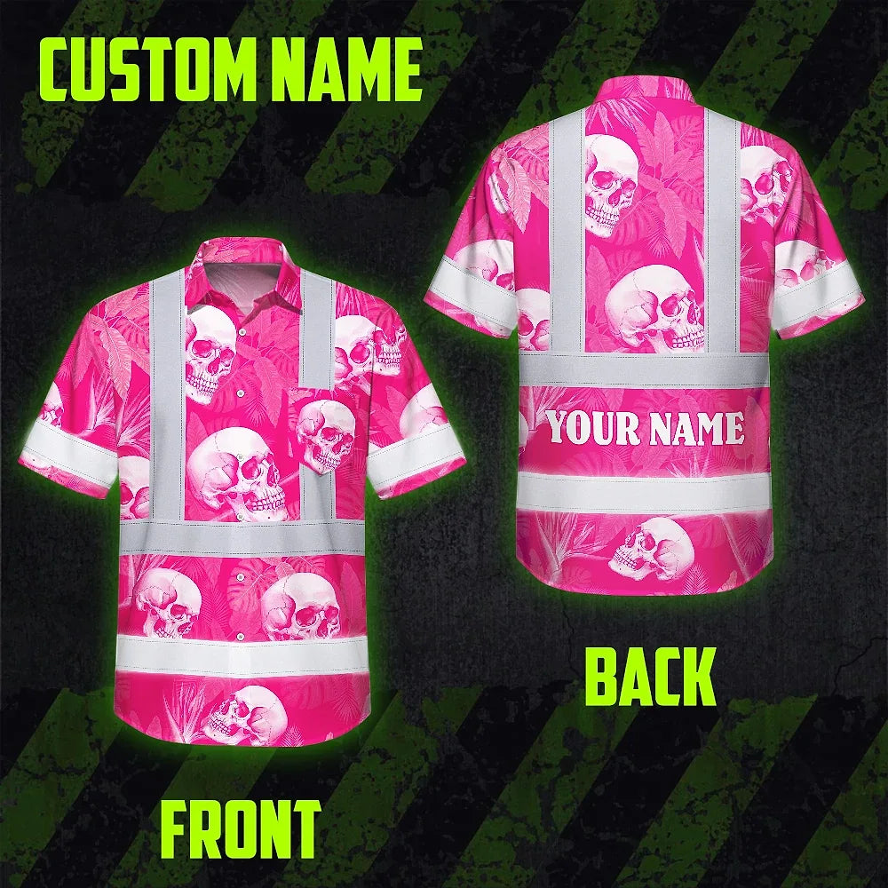 Hi Vis Hawaiian Shirt Reflective Tapes Pink Neon White Skull Custom Name Safety Workwear For Workers, Truckers, Operators