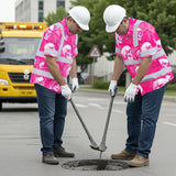 Hi Vis Hawaiian Shirt Reflective Tapes Pink Neon White Skull Custom Name Safety Workwear For Workers, Truckers, Operators