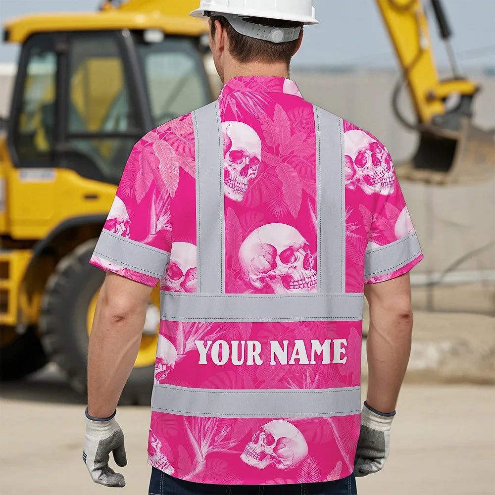 Hi Vis Hawaiian Shirt Reflective Tapes Pink Neon White Skull Custom Name Safety Workwear For Workers, Truckers, Operators