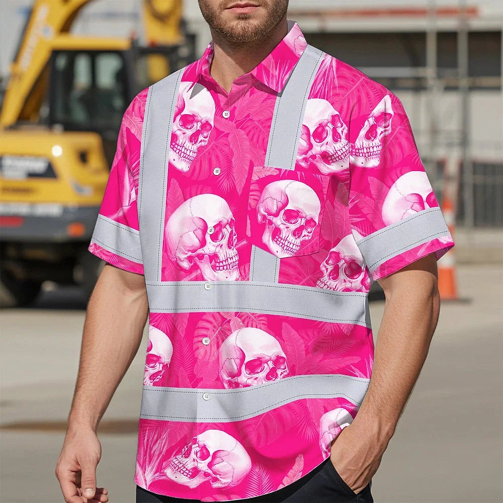 Hi Vis Hawaiian Shirt Reflective Tapes Pink Neon White Skull Custom Name Safety Workwear For Workers, Truckers, Operators