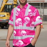 Hi Vis Hawaiian Shirt Reflective Tapes Pink Neon White Skull Custom Name Safety Workwear For Workers, Truckers, Operators