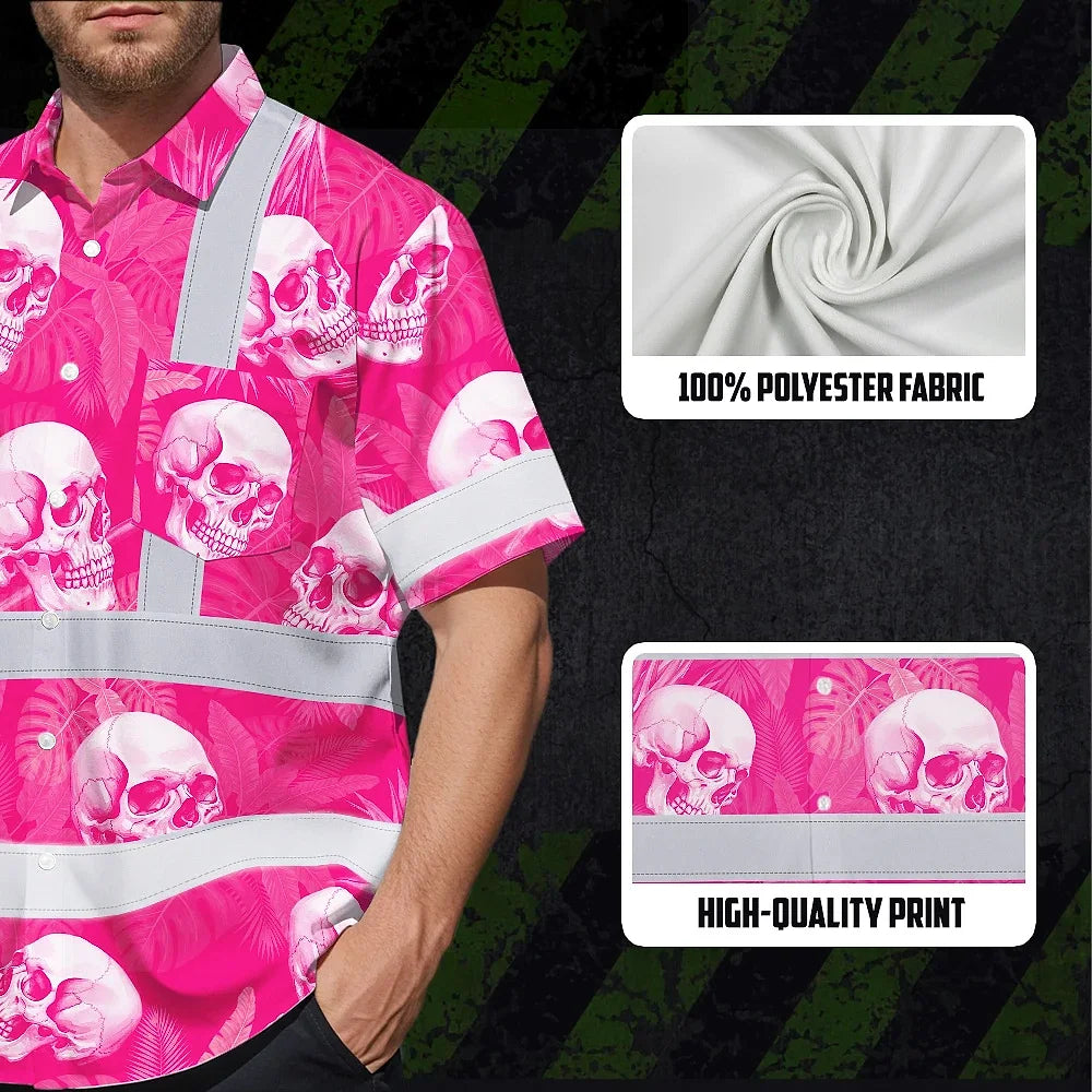 Hi Vis Hawaiian Shirt Reflective Tapes Pink Neon White Skull Custom Name Safety Workwear For Workers, Truckers, Operators