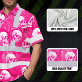 Hi Vis Hawaiian Shirt Reflective Tapes Pink Neon White Skull Custom Name Safety Workwear For Workers, Truckers, Operators