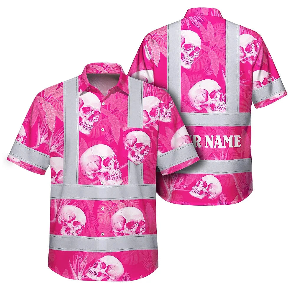Hi Vis Hawaiian Shirt Reflective Tapes Pink Neon White Skull Custom Name Safety Workwear For Workers, Truckers, Operators