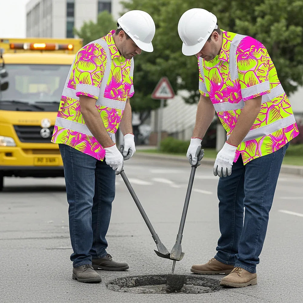Hi Vis Hawaiian Shirt Reflective Tapes Pink Neon Yellow Orchid Custom Name Safety Workwear For Workers, Truckers, Operators