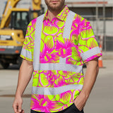 Hi Vis Hawaiian Shirt Reflective Tapes Pink Neon Yellow Orchid Custom Name Safety Workwear For Workers, Truckers, Operators