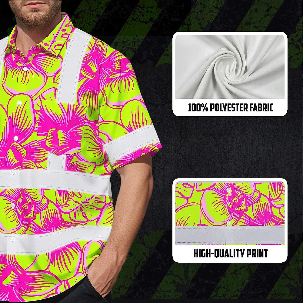 Hi Vis Hawaiian Shirt Reflective Tapes Pink Neon Yellow Orchid Custom Name Safety Workwear For Workers, Truckers, Operators