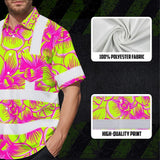 Hi Vis Hawaiian Shirt Reflective Tapes Pink Neon Yellow Orchid Custom Name Safety Workwear For Workers, Truckers, Operators