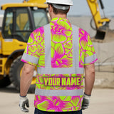 Hi Vis Hawaiian Shirt Reflective Tapes Pink Neon Yellow Orchid Custom Name Safety Workwear For Workers, Truckers, Operators