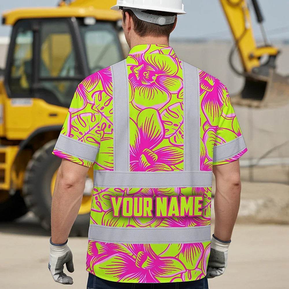 Hi Vis Hawaiian Shirt Reflective Tapes Pink Neon Yellow Orchid Custom Name Safety Workwear For Workers, Truckers, Operators