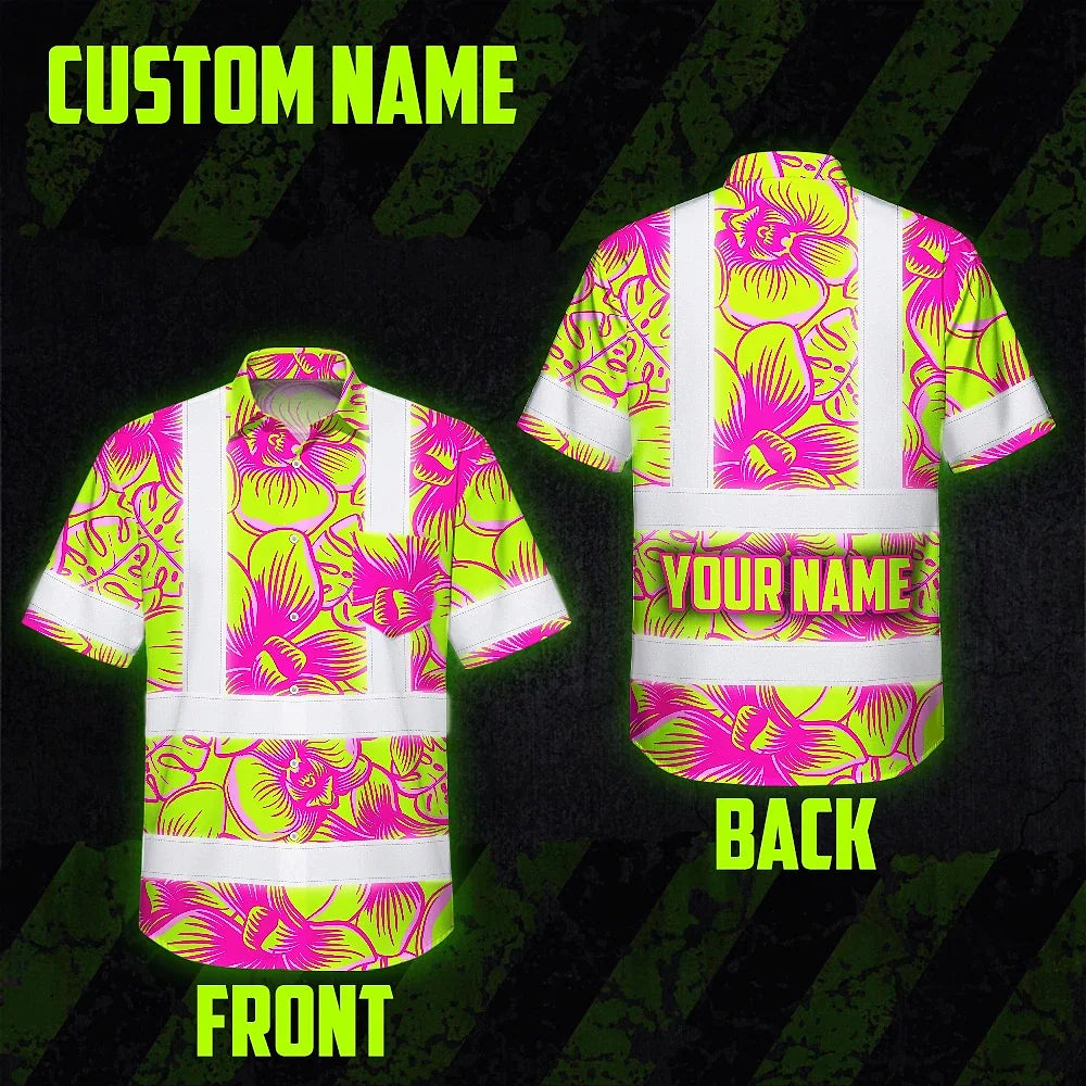 Hi Vis Hawaiian Shirt Reflective Tapes Pink Neon Yellow Orchid Custom Name Safety Workwear For Workers, Truckers, Operators