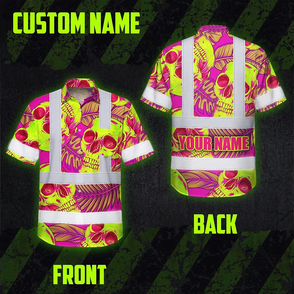 Hi Vis Hawaiian Shirt Reflective Tapes Pink Neon Yellow Skull Custom Name Safety Workwear For Workers, Truckers, Operators