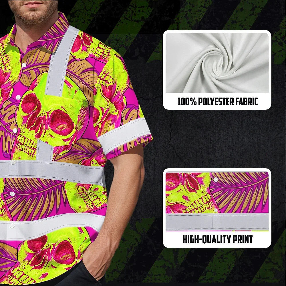 Hi Vis Hawaiian Shirt Reflective Tapes Pink Neon Yellow Skull Custom Name Safety Workwear For Workers, Truckers, Operators