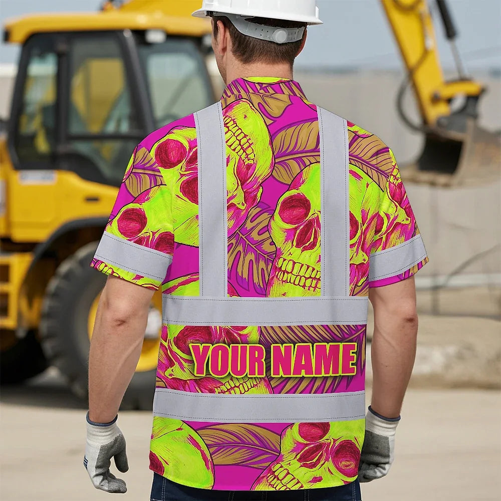 Hi Vis Hawaiian Shirt Reflective Tapes Pink Neon Yellow Skull Custom Name Safety Workwear For Workers, Truckers, Operators