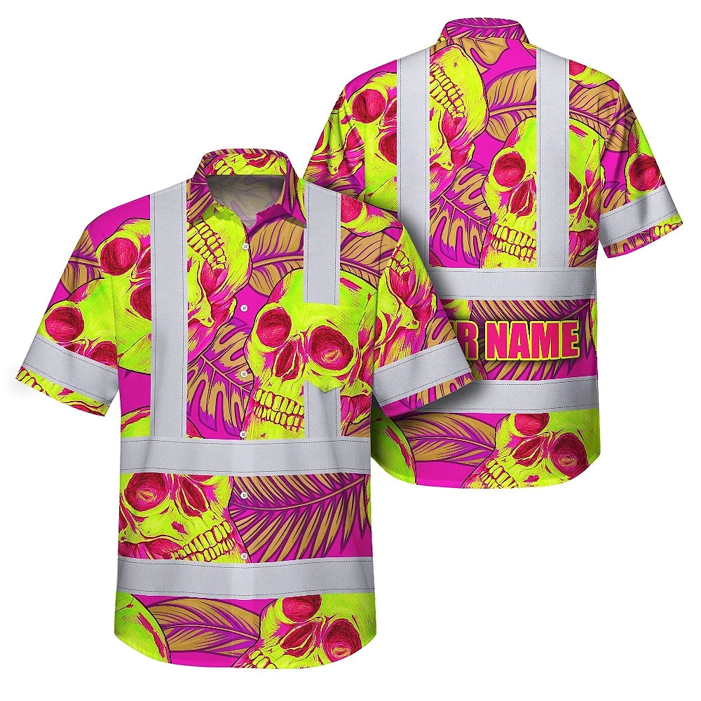 Hi Vis Hawaiian Shirt Reflective Tapes Pink Neon Yellow Skull Custom Name Safety Workwear For Workers, Truckers, Operators