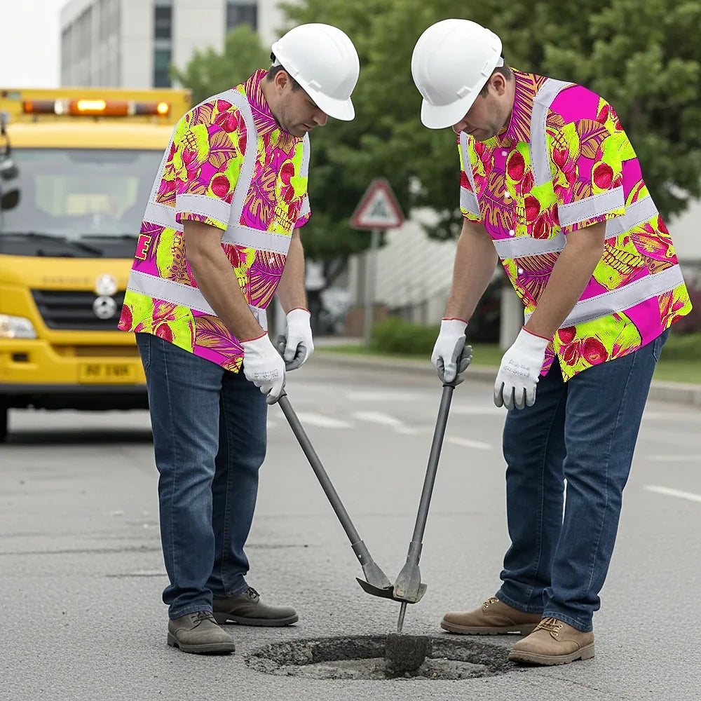 Hi Vis Hawaiian Shirt Reflective Tapes Pink Neon Yellow Skull Custom Name Safety Workwear For Workers, Truckers, Operators