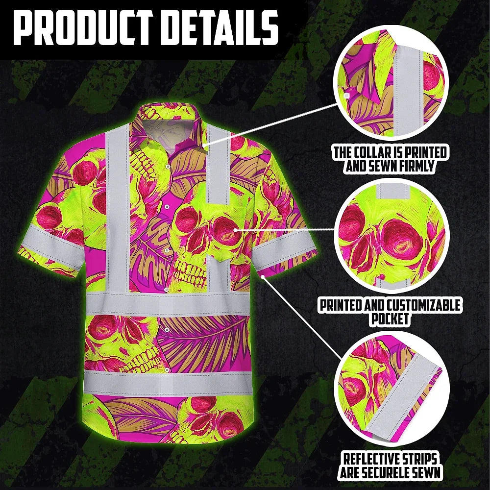 Hi Vis Hawaiian Shirt Reflective Tapes Pink Neon Yellow Skull Custom Name Safety Workwear For Workers, Truckers, Operators