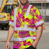 Hi Vis Hawaiian Shirt Reflective Tapes Pink Neon Yellow Skull Custom Name Safety Workwear For Workers, Truckers, Operators