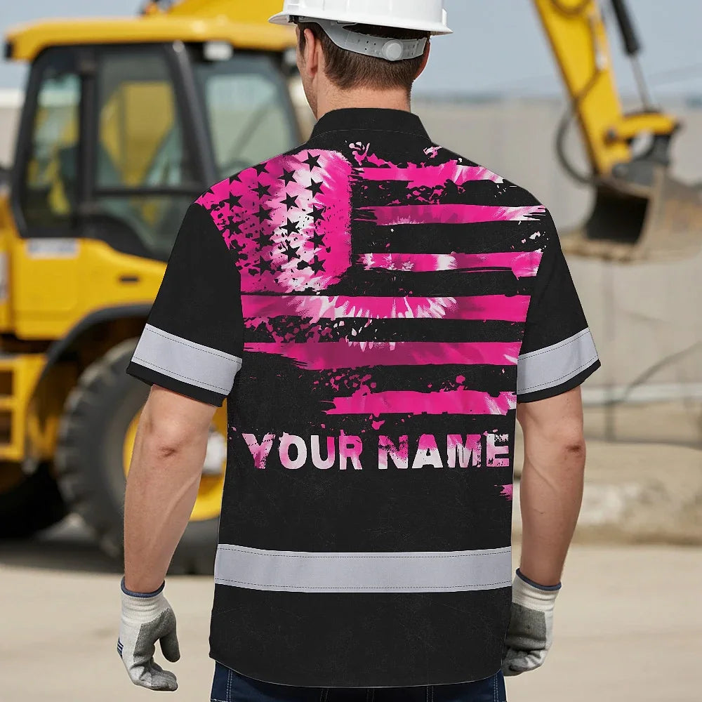 Hi Vis Hawaiian Shirt Reflective Tapes Pink Tie Dye US Flag Custom Name