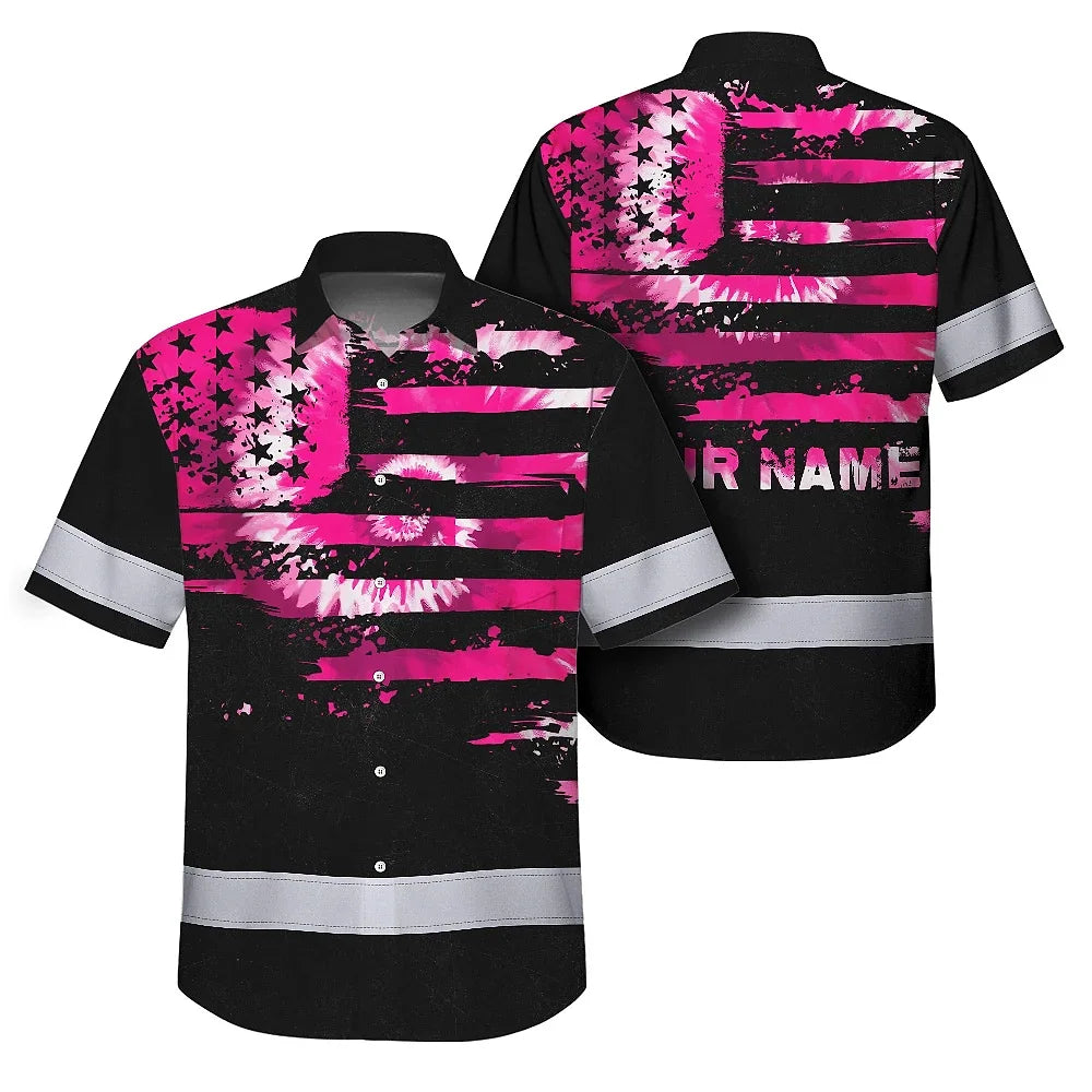 Hi Vis Hawaiian Shirt Reflective Tapes Pink Tie Dye US Flag Custom Name