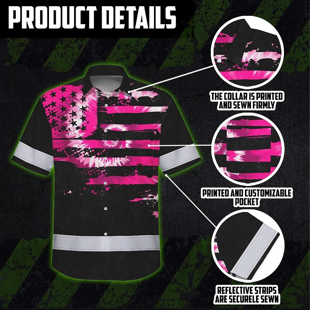 Hi Vis Hawaiian Shirt Reflective Tapes Pink Tie Dye US Flag Custom Name