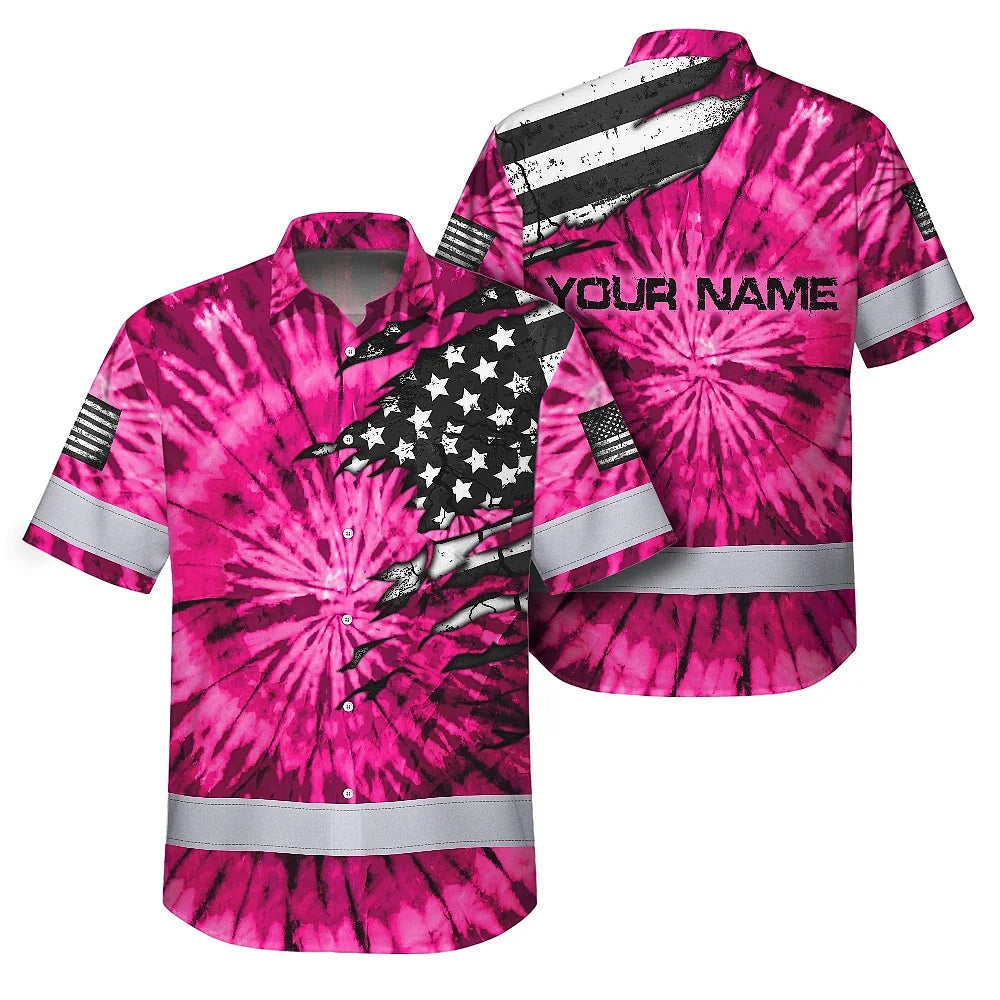 Hi Vis Hawaiian Shirt Reflective Tapes Pink Tie Dye US Flag Scratch Custom Name Safety Workwear For Workers, Runners, Cyclists