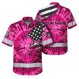 Hi Vis Hawaiian Shirt Reflective Tapes Pink Tie Dye US Flag Scratch Custom Name Safety Workwear For Workers, Runners, Cyclists