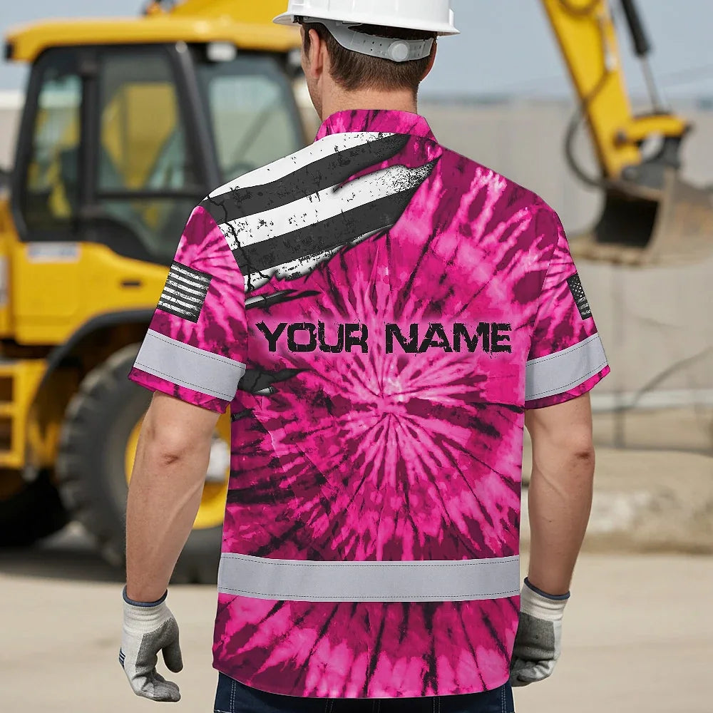 Hi Vis Hawaiian Shirt Reflective Tapes Pink Tie Dye US Flag Scratch Custom Name Safety Workwear For Workers, Runners, Cyclists