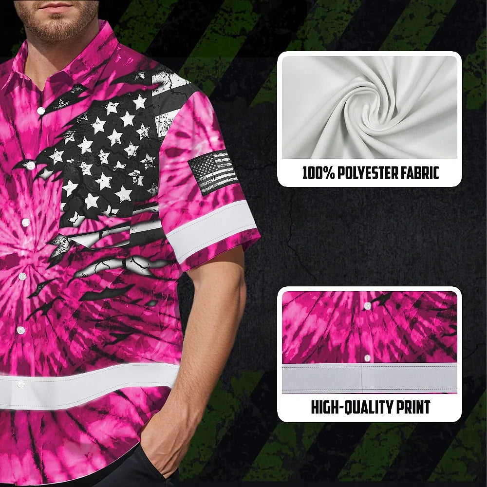 Hi Vis Hawaiian Shirt Reflective Tapes Pink Tie Dye US Flag Scratch Custom Name Safety Workwear For Workers, Runners, Cyclists