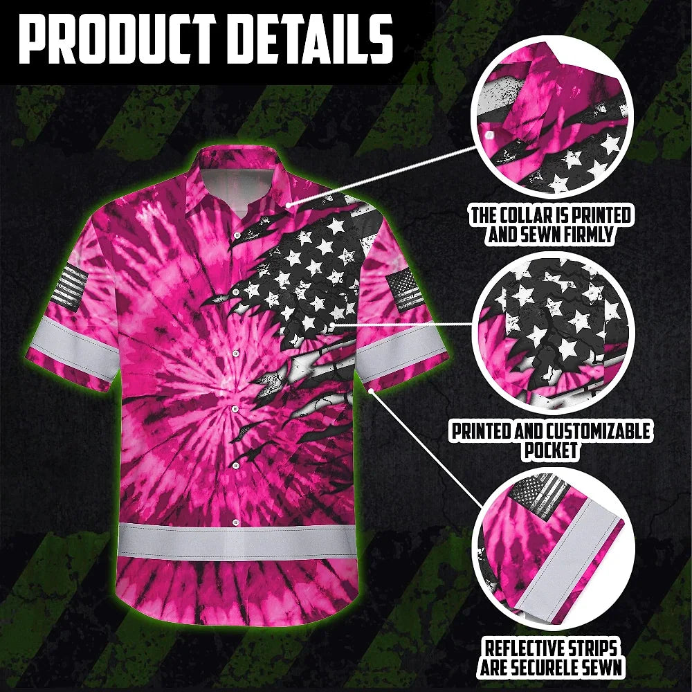 Hi Vis Hawaiian Shirt Reflective Tapes Pink Tie Dye US Flag Scratch Custom Name Safety Workwear For Workers, Runners, Cyclists