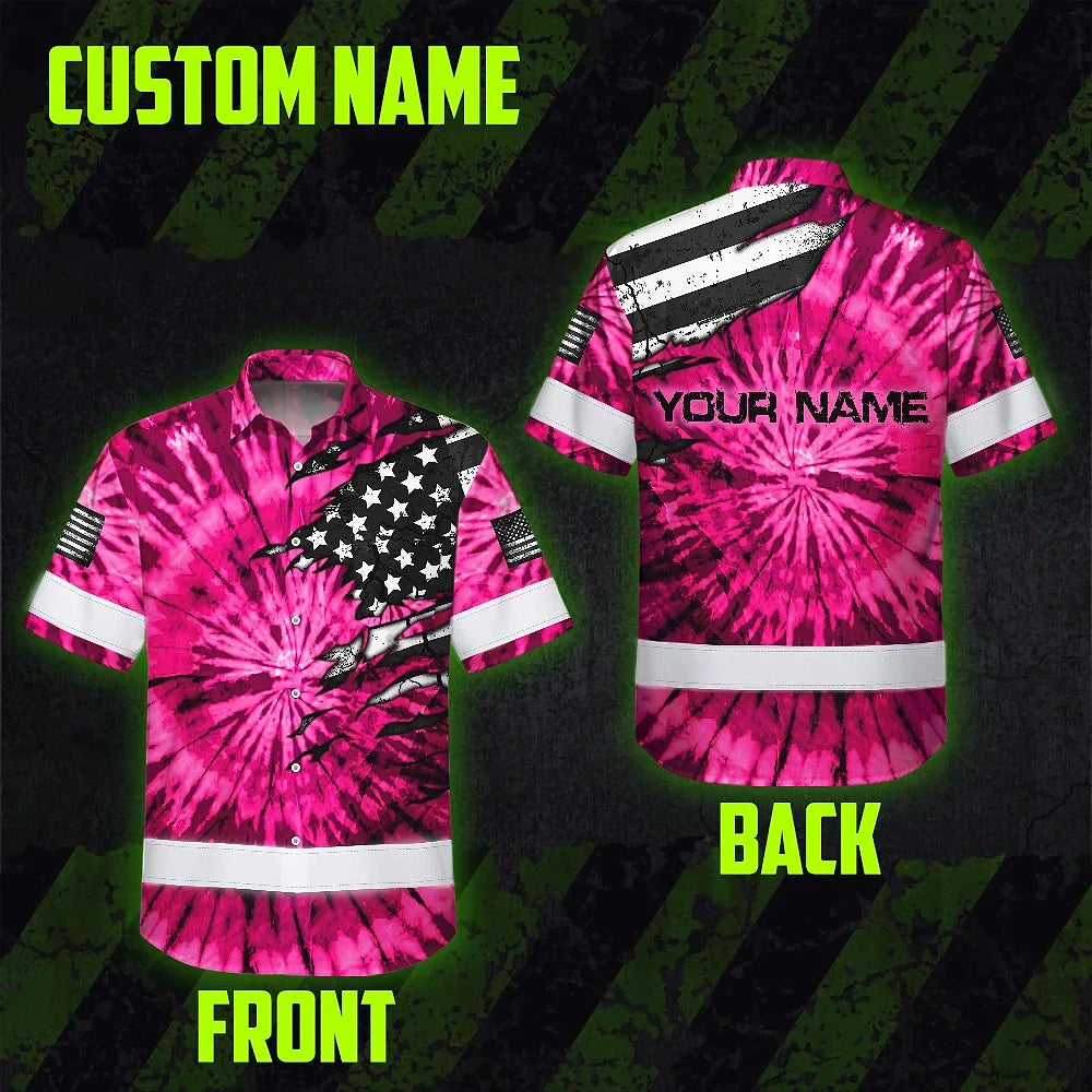 Hi Vis Hawaiian Shirt Reflective Tapes Pink Tie Dye US Flag Scratch Custom Name Safety Workwear For Workers, Runners, Cyclists