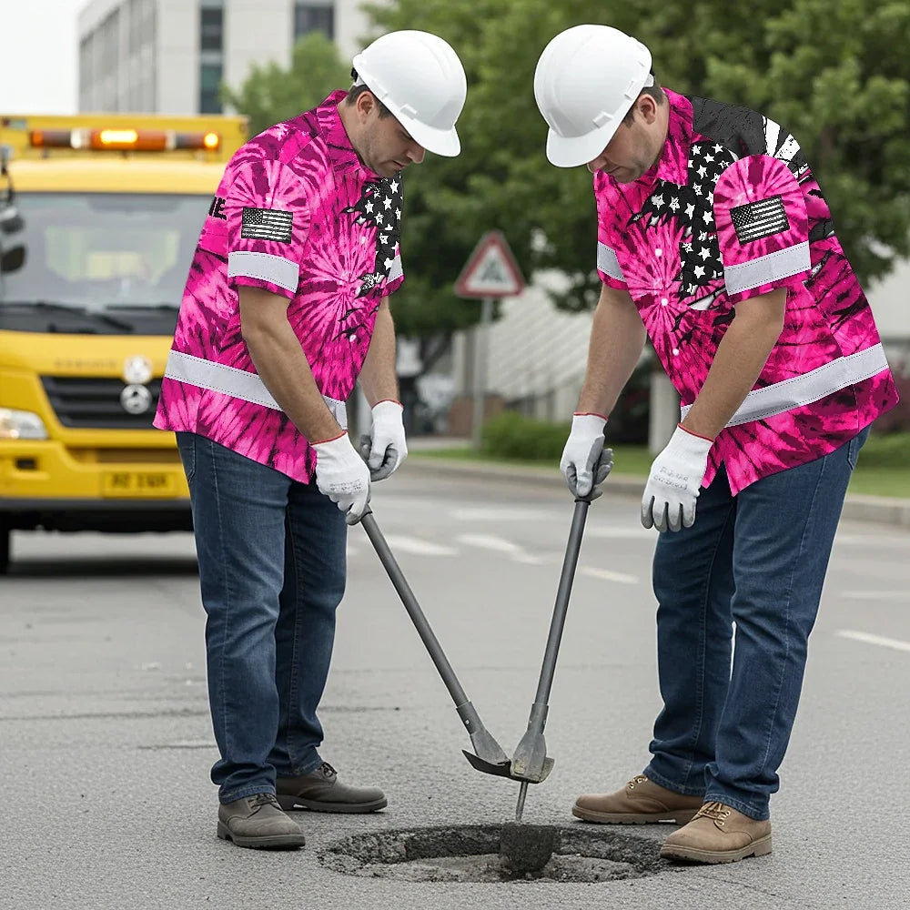 Hi Vis Hawaiian Shirt Reflective Tapes Pink Tie Dye US Flag Scratch Custom Name Safety Workwear For Workers, Runners, Cyclists