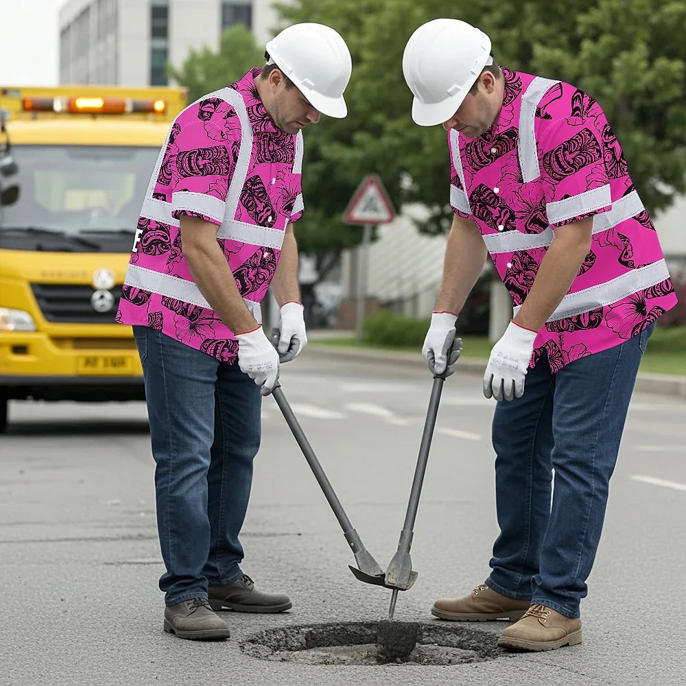 Hi Vis Hawaiian Shirt Reflective Tapes Pink Tiki Custom Name Safety Workwear For Workers, Truckers, Operators