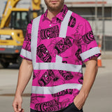 Hi Vis Hawaiian Shirt Reflective Tapes Pink Tiki Custom Name Safety Workwear For Workers, Truckers, Operators