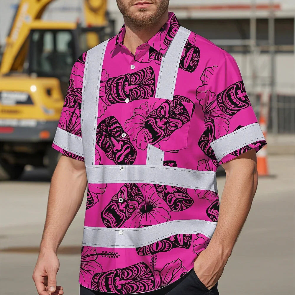 Hi Vis Hawaiian Shirt Reflective Tapes Pink Tiki Custom Name Safety Workwear For Workers, Truckers, Operators