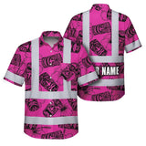 Hi Vis Hawaiian Shirt Reflective Tapes Pink Tiki Custom Name Safety Workwear For Workers, Truckers, Operators