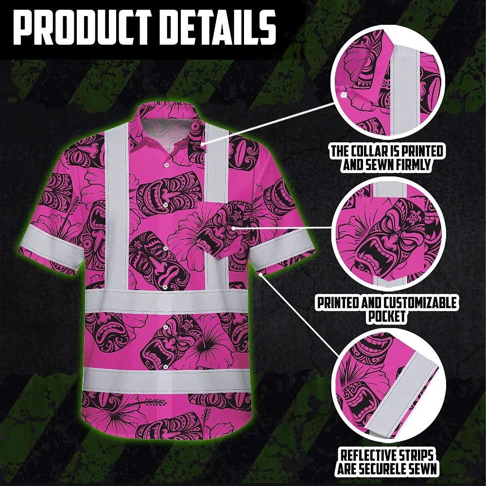 Hi Vis Hawaiian Shirt Reflective Tapes Pink Tiki Custom Name Safety Workwear For Workers, Truckers, Operators